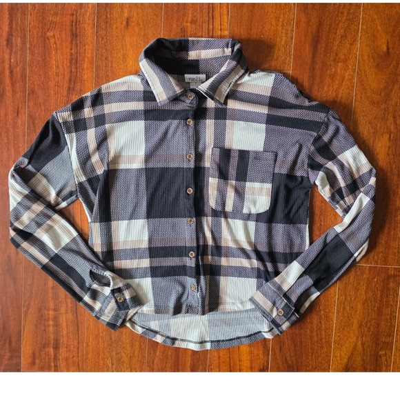 Rue21 Tops - rue21 Womens Plaid Ribbed Knit Cropped Button Down Shirt Black Tan Medium